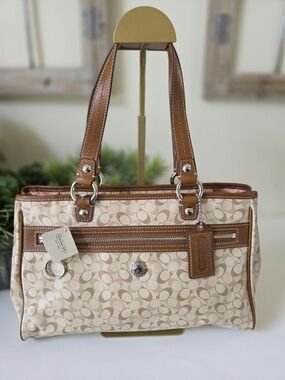 Coach Chelsea Bias Tote Signature C Khaki Tan Coated Canvas Leather Trim-NWT